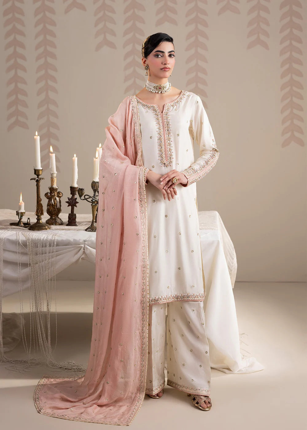 Ivory Hand Embellished Raw Silk Suit