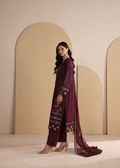 Maroon Embroidered Luxury Lawn Suit with Chiffon Dupatta
