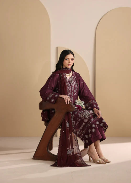 Maroon Embroidered Luxury Lawn Suit with Chiffon Dupatta