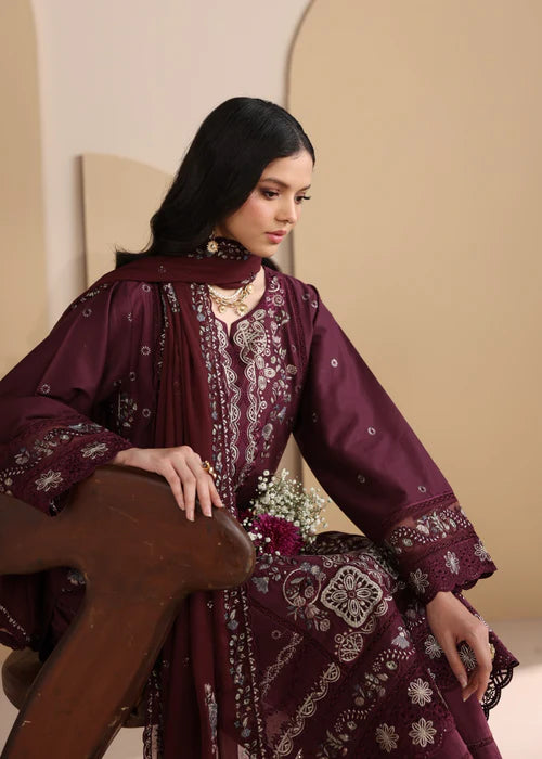 Maroon Embroidered Luxury Lawn Suit with Chiffon Dupatta