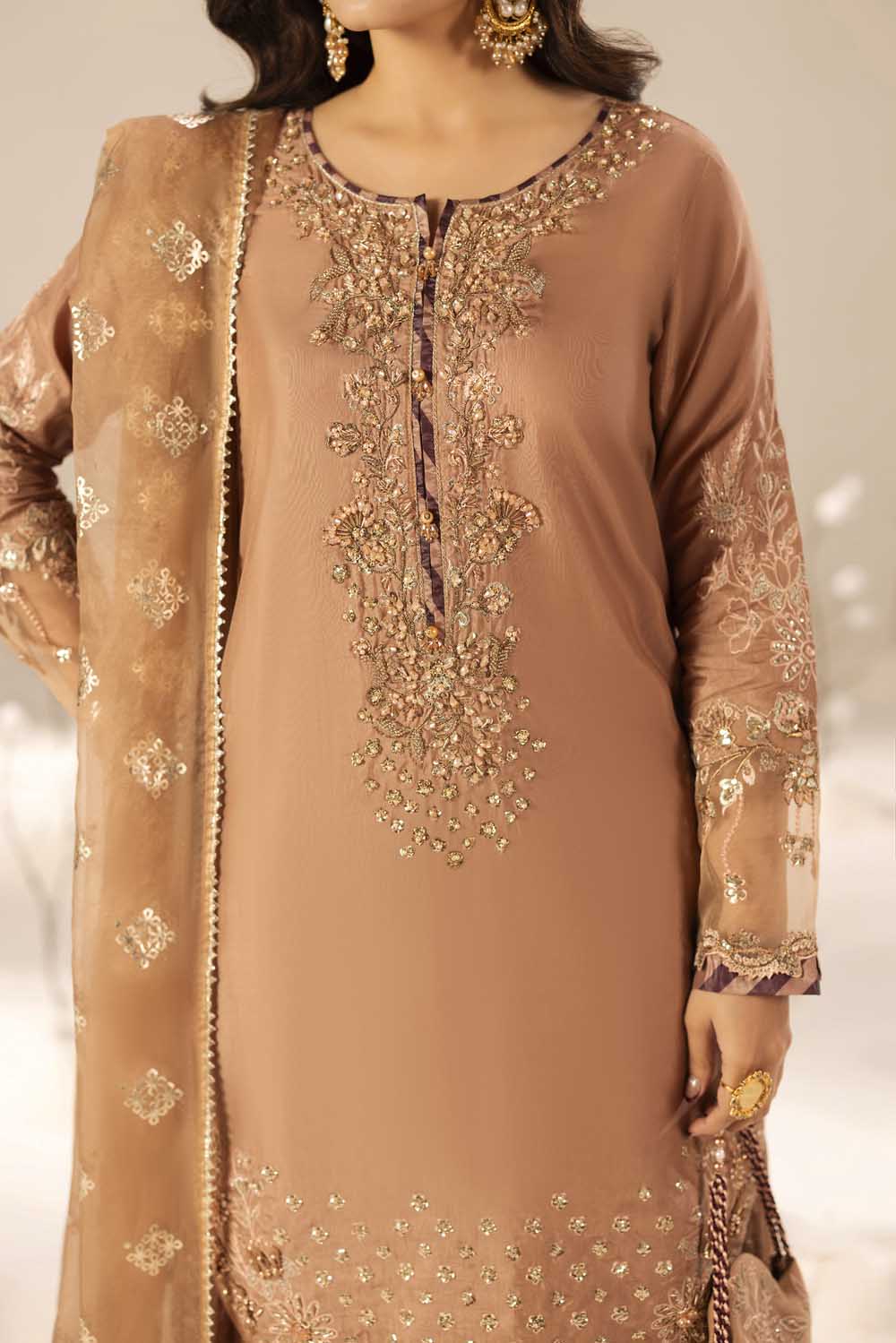 Tea Rose Pink Hand Embellished Suit with Crushed Silk Sharara