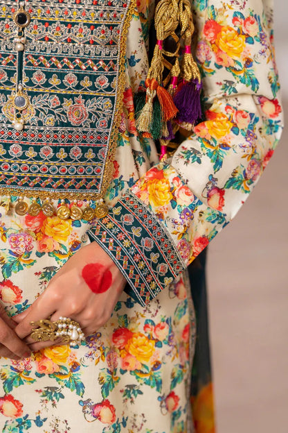 Printed Farshi Shalwar Suit with Applique Work and Puff Sleeves