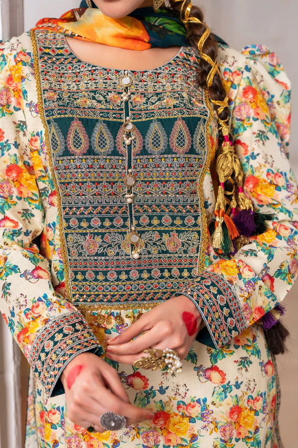 Printed Farshi Shalwar Suit with Applique Work and Puff Sleeves