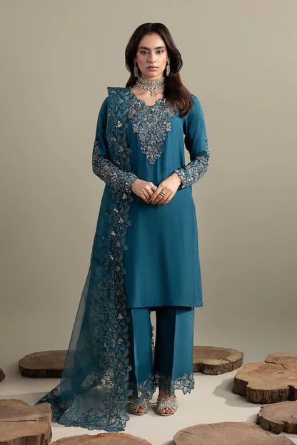Teal Embellished Raw Silk Suit