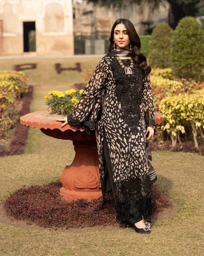 Black Printed Georgette Long Suit with Sequins & 3D Work