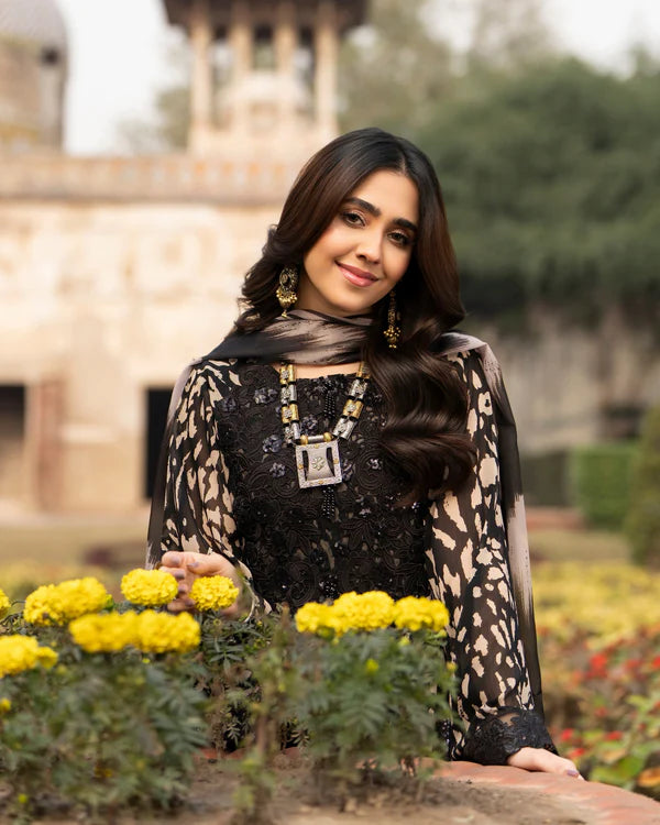 Black Printed Georgette Long Suit with Sequins & 3D Work