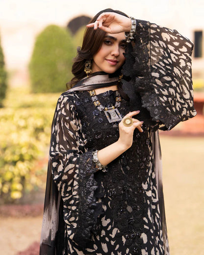 Black Printed Georgette Long Suit with Sequins & 3D Work