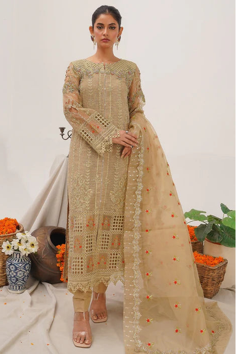 Beige Embellished Suit with Cutwork Details