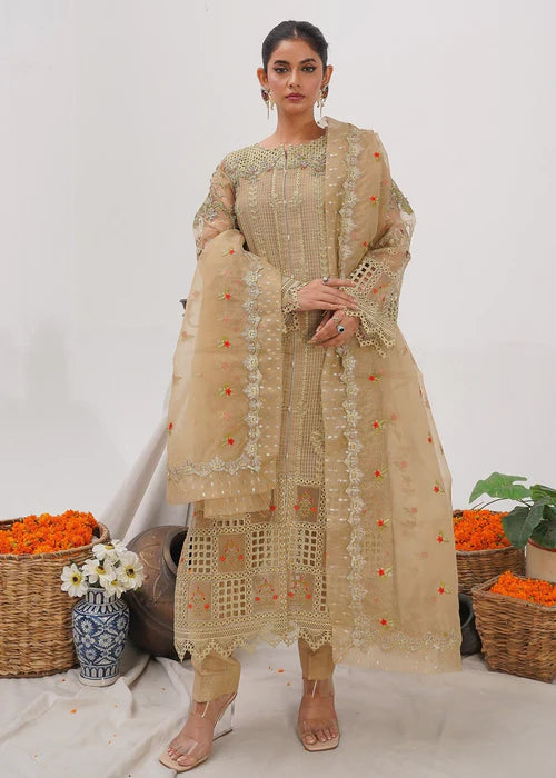 Beige Embellished Suit with Cutwork Details