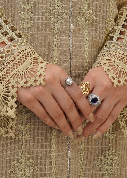 Beige Embellished Suit with Cutwork Details