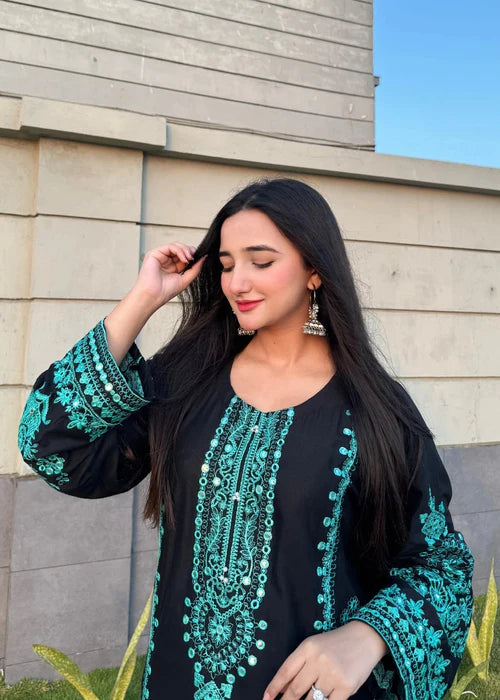 Black Embroidered Cotton Kurta Set with Dupatta