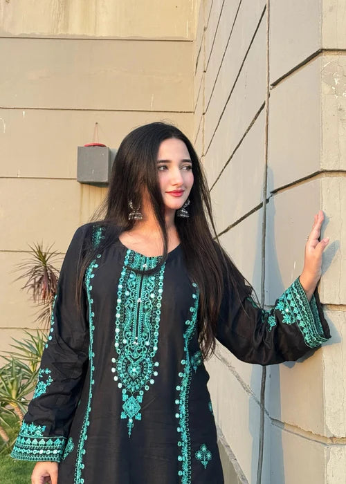 Black Embroidered Cotton Kurta Set with Dupatta