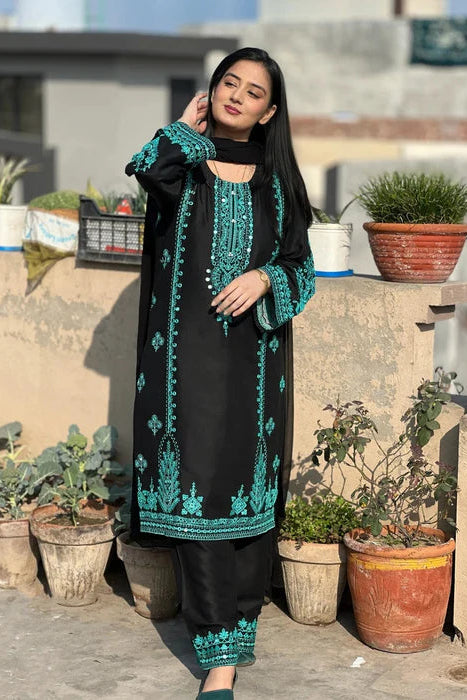 Black Embroidered Cotton Kurta Set with Dupatta