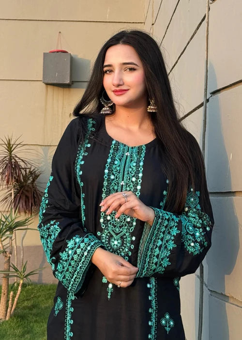 Black Embroidered Cotton Kurta Set with Dupatta