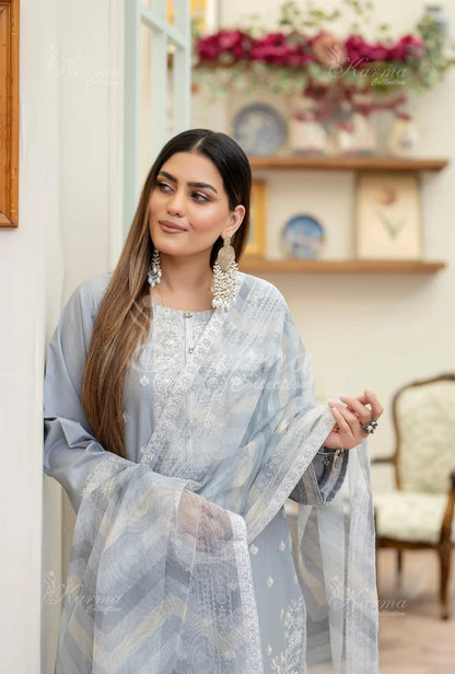 Pale Blue Kashmiri Stitch Long Pure Cotton Suit