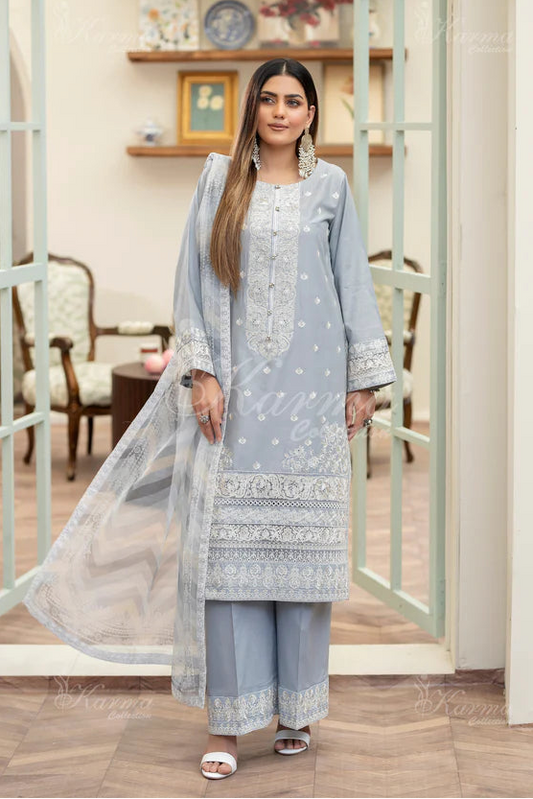 Pale Blue Kashmiri Stitch Long Pure Cotton Suit