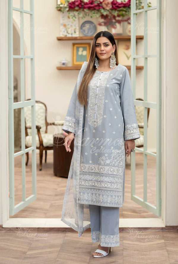 Pale Blue Kashmiri Stitch Long Pure Cotton Suit