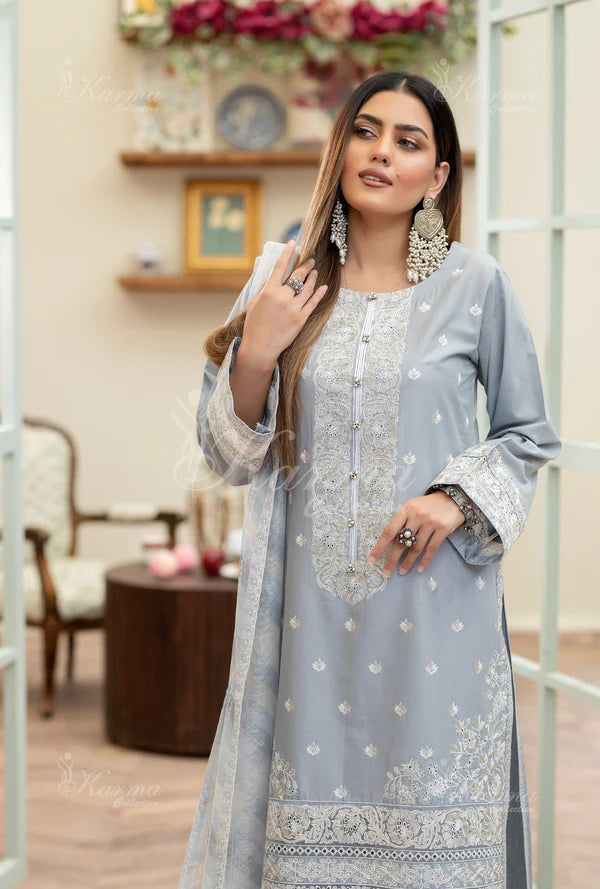 Pale Blue Kashmiri Stitch Long Pure Cotton Suit