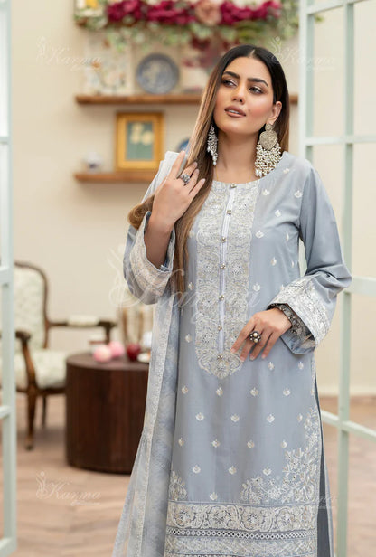 Pale Blue Kashmiri Stitch Long Pure Cotton Suit