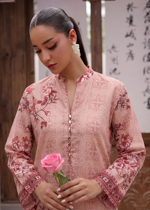 Melon Pink Lawn Suit with Mirror Work