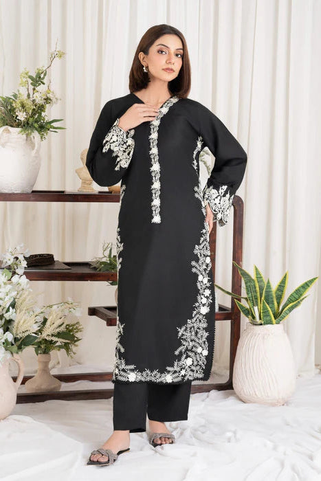 Black Embroidered Long Linen Kurta Set