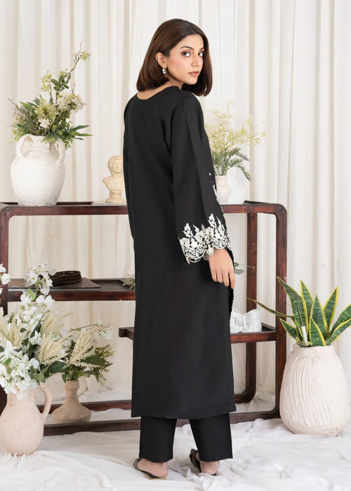 Black Embroidered Long Linen Kurta Set