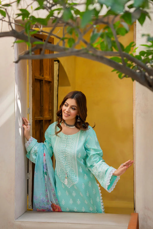 Aqua Mint Heavy Embroidered Pure Cotton Suit with Matte Thread Work