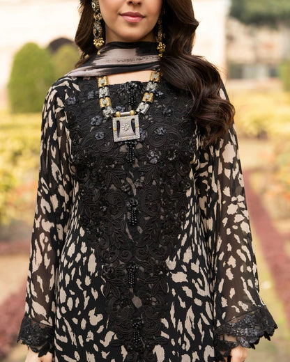 Black Printed Georgette Long Suit with Sequins & 3D Work