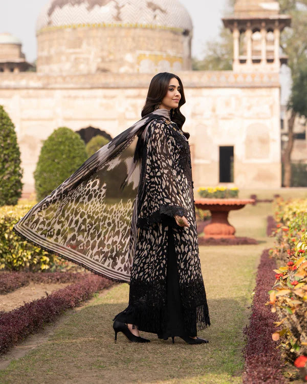 Black Printed Georgette Long Suit with Sequins & 3D Work