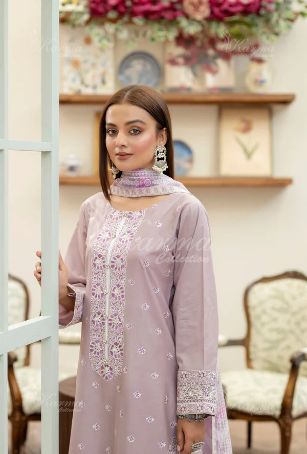 Soft Lavender Kashmiri Stitch Long Pure Cotton Suit