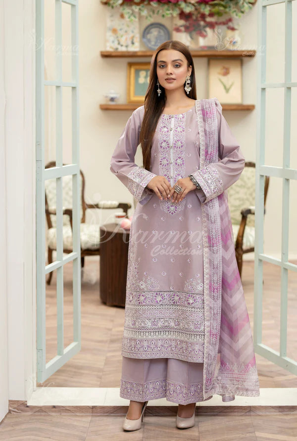 Soft Lavender Kashmiri Stitch Long Pure Cotton Suit