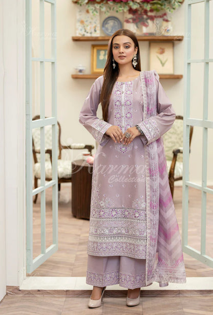 Soft Lavender Kashmiri Stitch Long Pure Cotton Suit