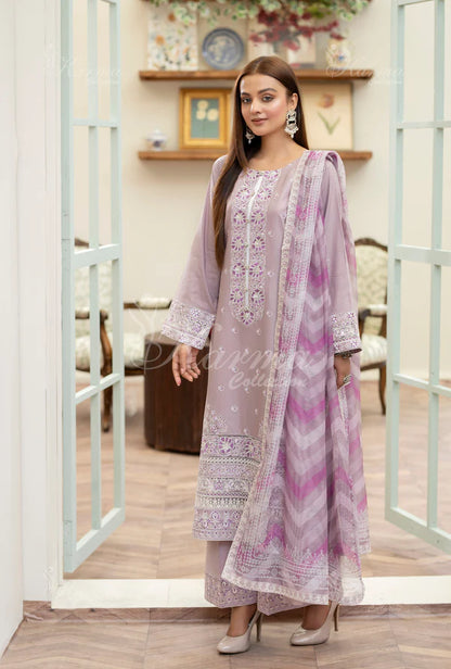 Soft Lavender Kashmiri Stitch Long Pure Cotton Suit