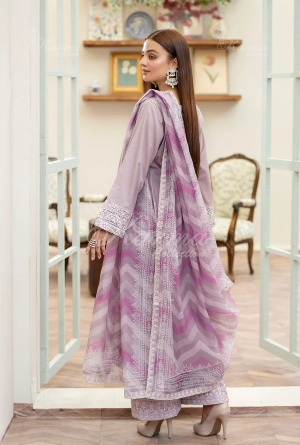 Soft Lavender Kashmiri Stitch Long Pure Cotton Suit