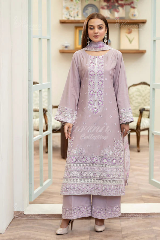 Soft Lavender Kashmiri Stitch Long Pure Cotton Suit