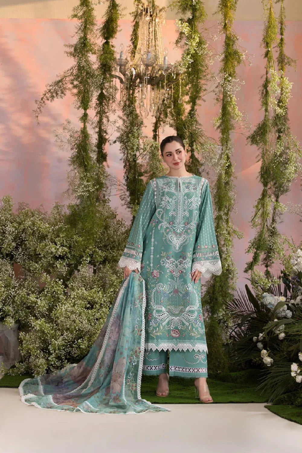 Chikankari & Cross Stitch Embroidered Pastel Green Lawn Suit