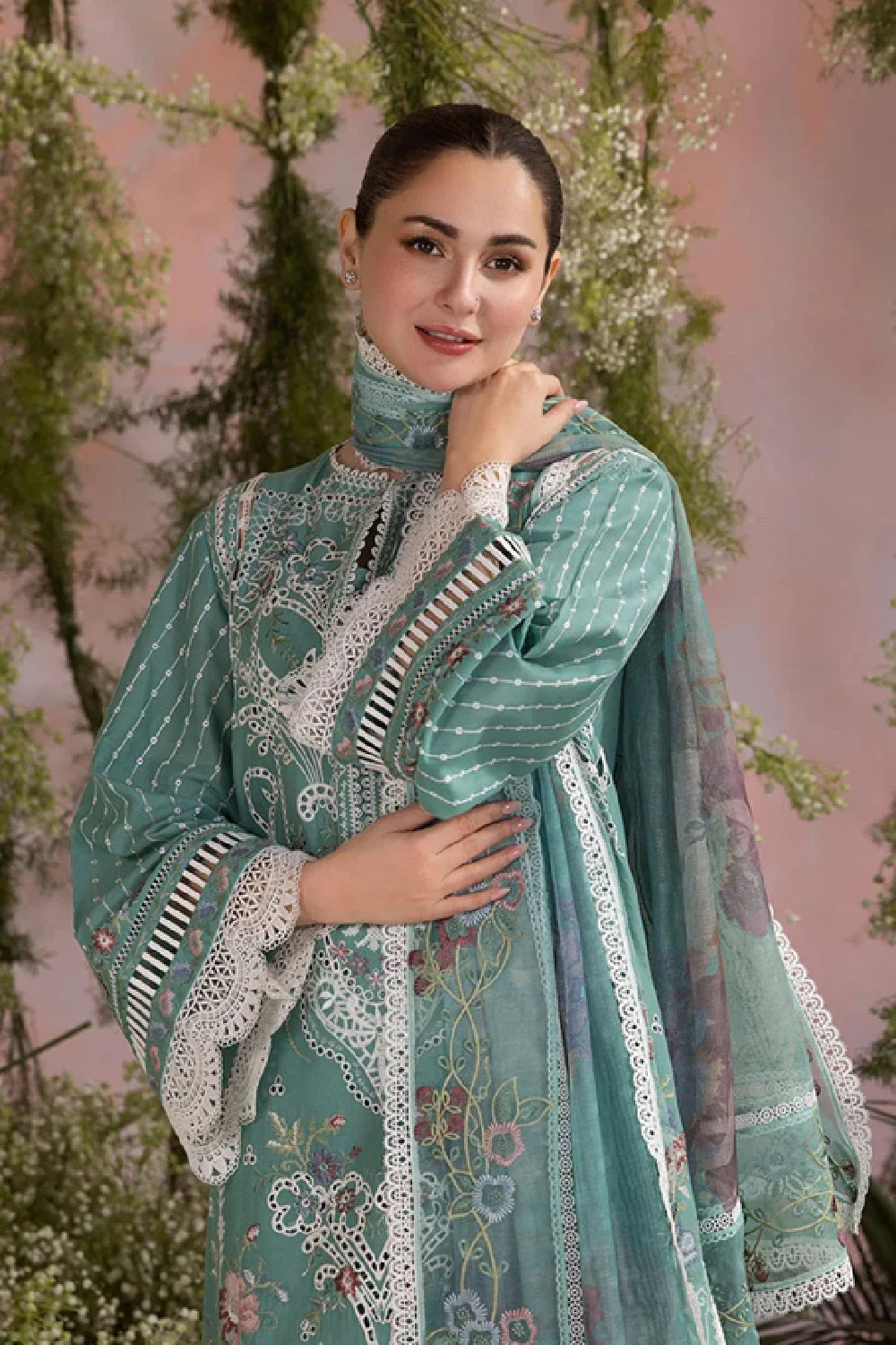 Chikankari & Cross Stitch Embroidered Pastel Green Lawn Suit