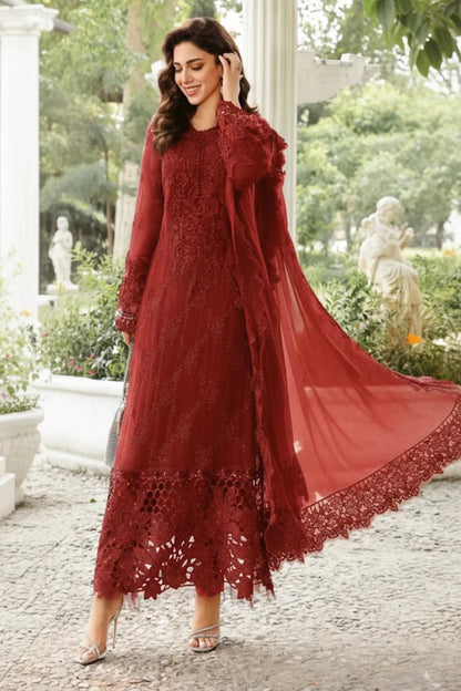 Maroon Handmade Chiffon Suit with Cutwork