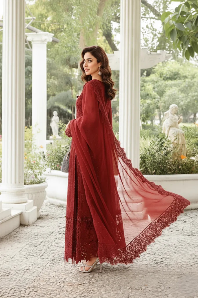Maroon Handmade Chiffon Suit with Cutwork