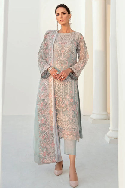 Sky Blue Sequins Embroidered Chiffon Suit