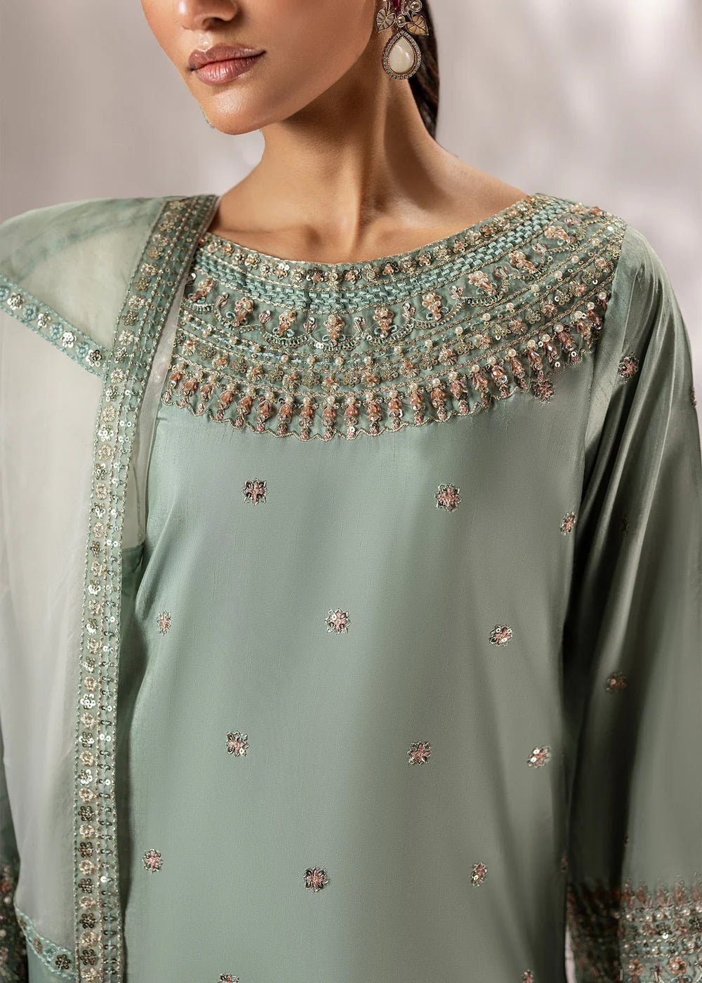 Mint Green Raw Silk Farshi Shalwar Suit