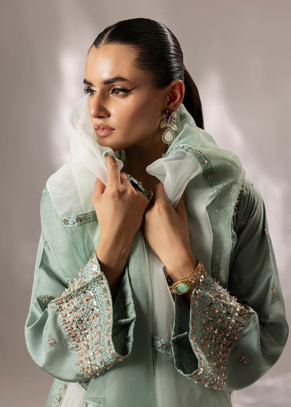 Mint Green Raw Silk Farshi Shalwar Suit