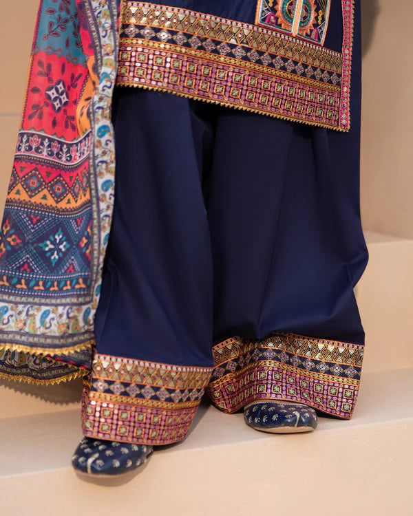 Navy Pure Cotton Farshi Shalwar Suit with Tilla & Sequins Work