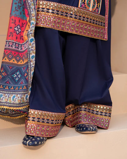 Navy Pure Cotton Farshi Shalwar Suit with Tilla & Sequins Work