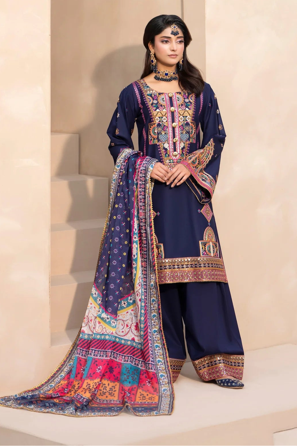 Navy Pure Cotton Farshi Shalwar Suit with Tilla & Sequins Work