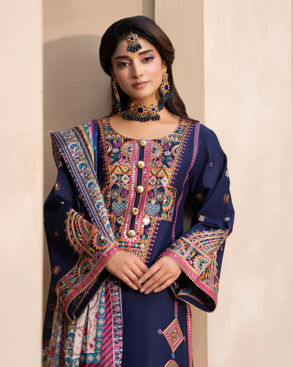 Navy Pure Cotton Farshi Shalwar Suit with Tilla & Sequins Work