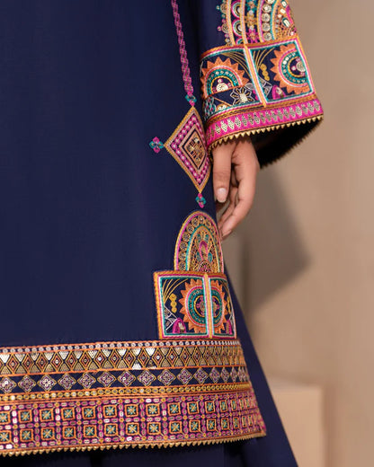 Navy Pure Cotton Farshi Shalwar Suit with Tilla & Sequins Work