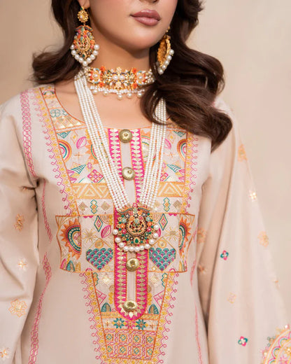 Oatmeal Pure Cotton Farshi Shalwar Suit with Tilla & Sequins Work