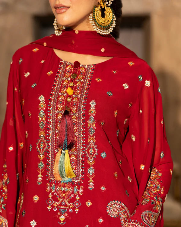 Ruby Red Georgette Chiffon Embroidered Suit with Tassel Details