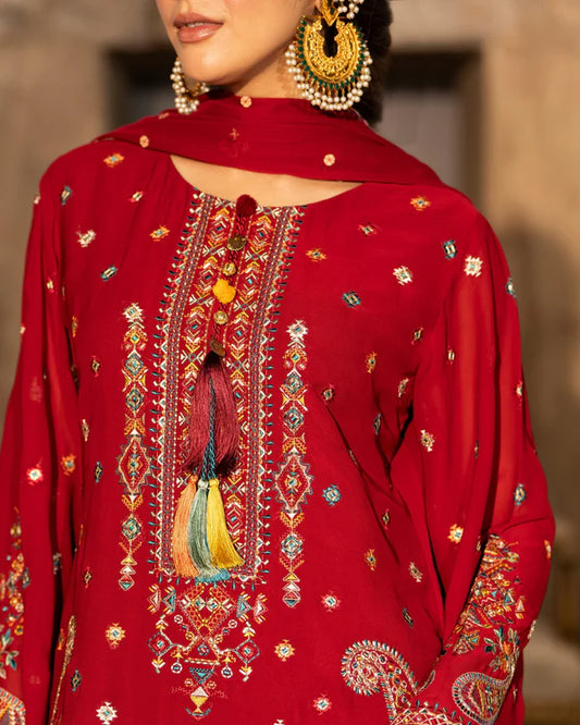 Ruby Red Georgette Chiffon Embroidered Suit with Tassel Details